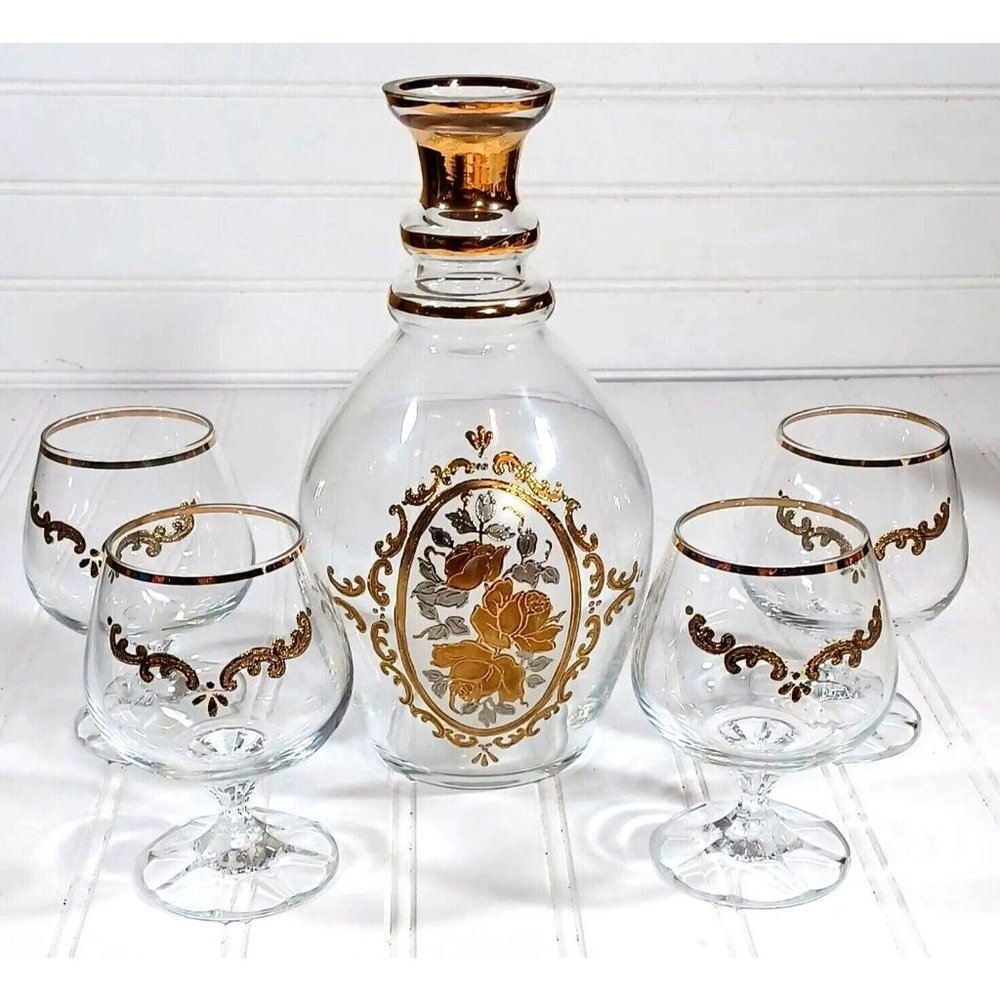 Antique Gold Rose Opaline Bohemian Art Glass Cordial Decanter & 4 Liqu… - Picture 7 of 9